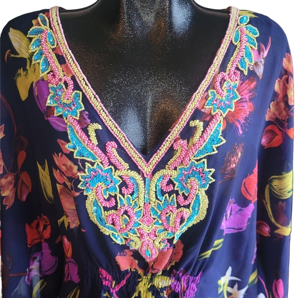 Lucky & Coco Blue Floral Print Beaded V Neck Kaftan Style Beach Cover Up - Picture 2 of 7
